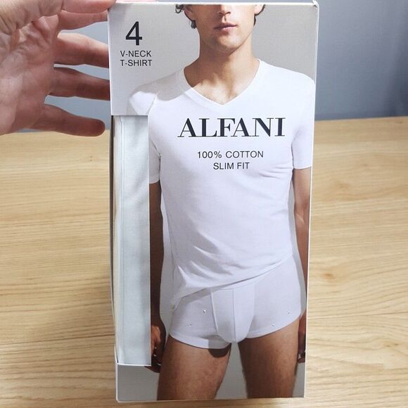 ALFANI Shirt Mens XXL White 4-Pack V-Neck T-Shirt 100% Cotton Slim Fit - Picture 1 of 5